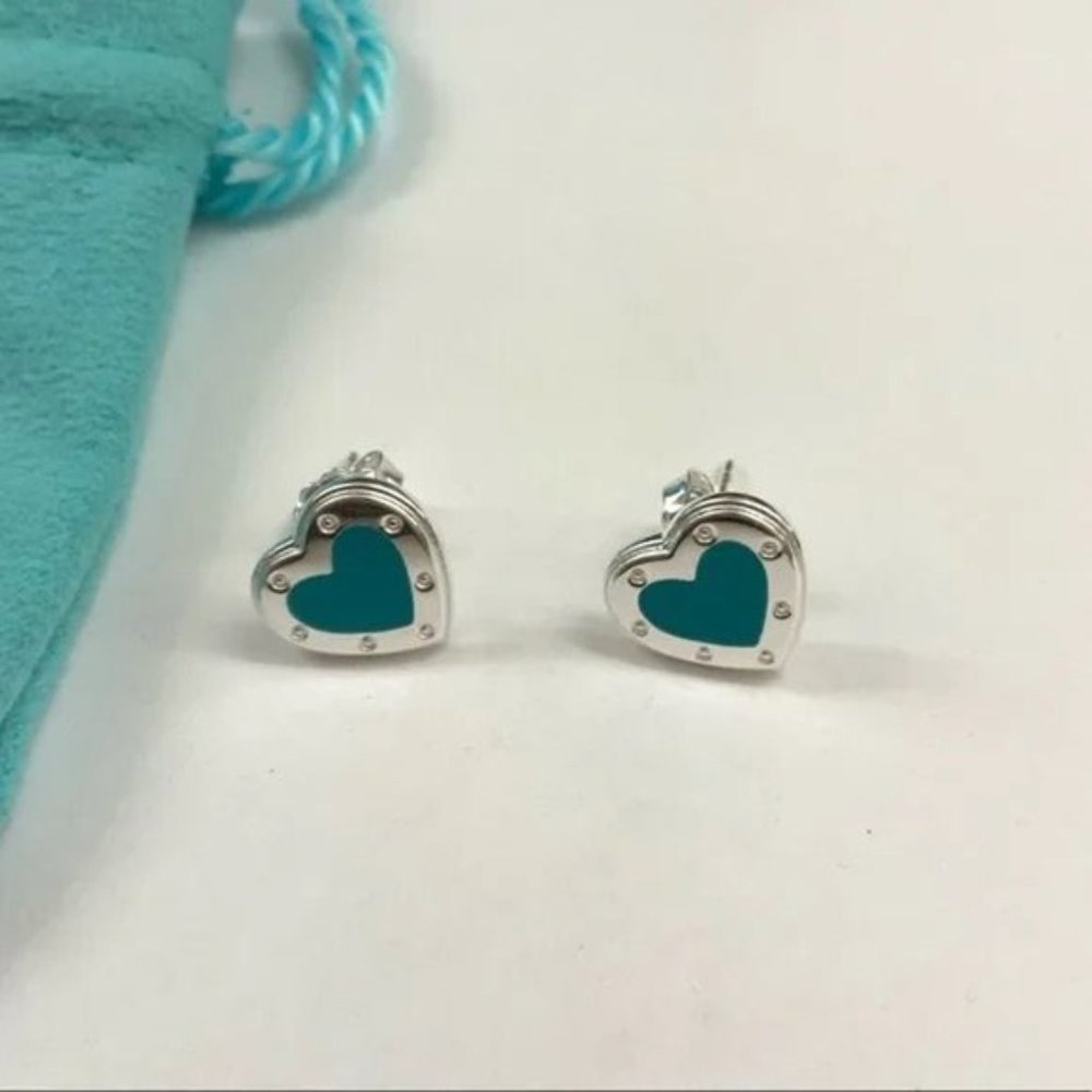 Tiffany & Co. Blue Enamel Heart Earrings in Sterling Silver